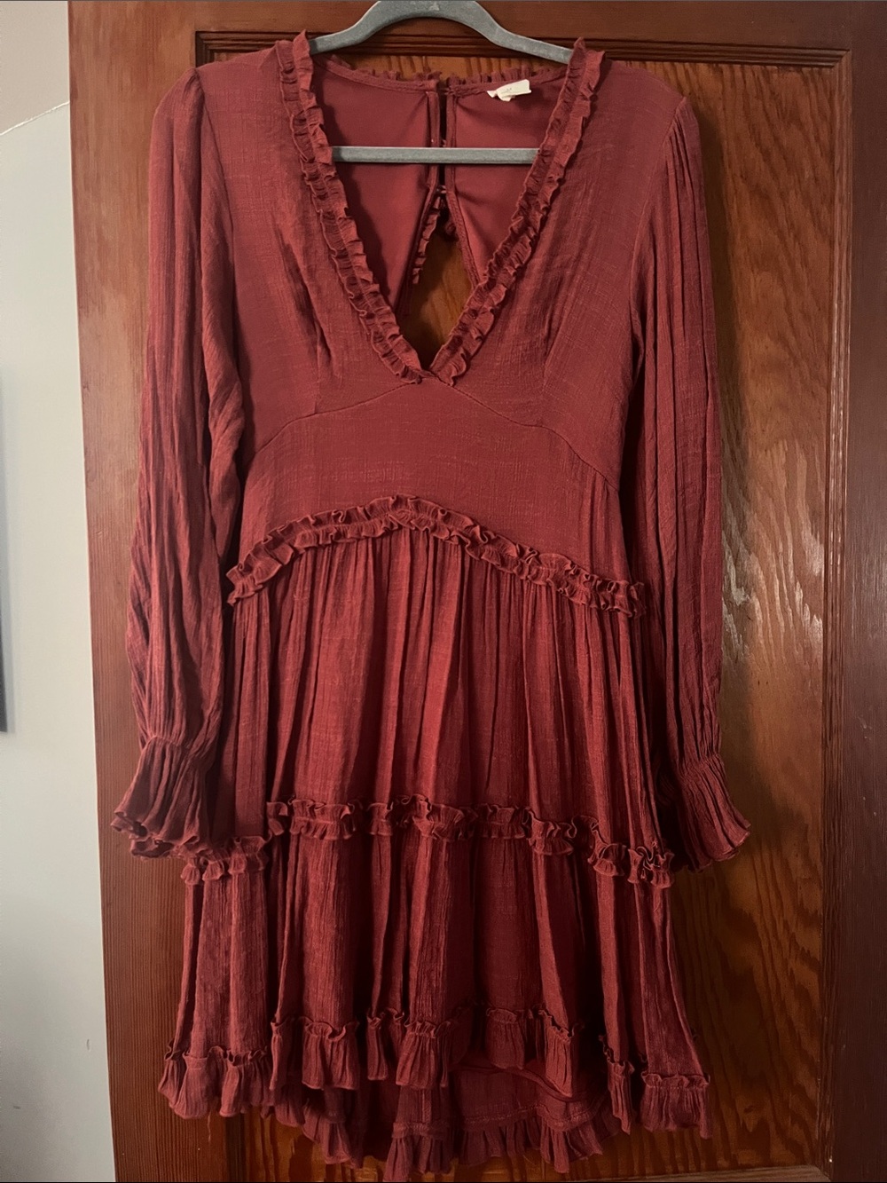 By Together Burnt Rust Ruffle V-Neck Long Sleeve Dress